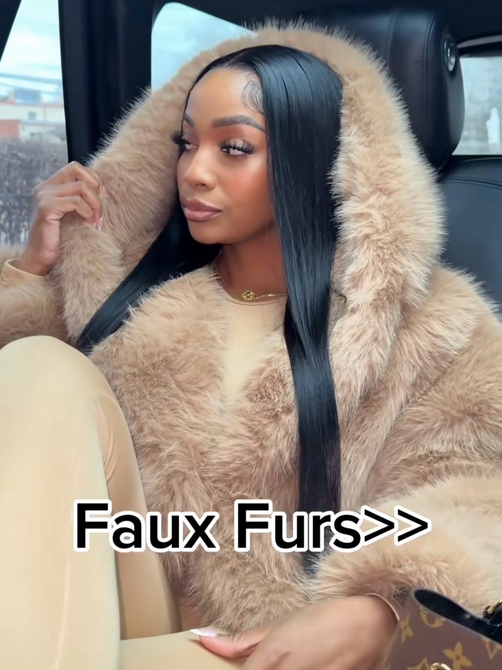 Luxury Oversized Faux Fur Hooded Coat | Plush Winter Jacket | Camel Beige - M - Picture 8 of 13